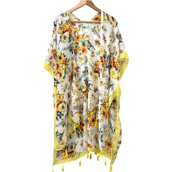 Woven Heart OS Floral Open Robe Fringe Boho‎ Yellow Coverup Beach Summer Resort - Picture 1 of 8